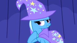 Size: 1280x720 | Tagged: safe, imported from derpibooru, screencap, trixie, pony, unicorn, boast busters, season 1, cape, clothes, female, hat, mare, trixie's cape, trixie's hat