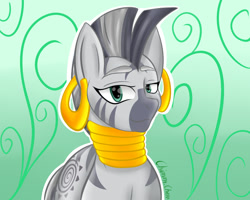 Size: 1280x1024 | Tagged: safe, artist:anastasiaplisetskaya, imported from derpibooru, zecora, zebra, ear piercing, female, looking at you, neck rings, piercing, smiling, solo