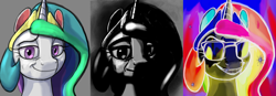 Size: 3196x1112 | Tagged: safe, artist:ciborgen, imported from derpibooru, princess celestia, alicorn, pony, bust, female, meme, mr. incredible becoming canny, mr. incredible becoming uncanny, ponified meme, portrait, princess celestia becoming canny, princess celestia becoming uncanny, solo, sunglasses