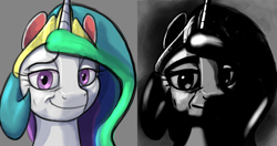 Size: 2110x1112 | Tagged: safe, artist:ciborgen, edit, imported from derpibooru, princess celestia, alicorn, pony, bust, cropped, female, meme, mr. incredible becoming uncanny, ponified meme, portrait, princess celestia becoming uncanny, solo, those who don't know