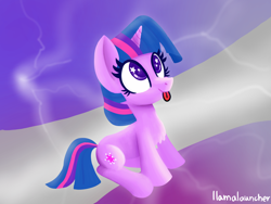 Size: 2160x1620 | Tagged: safe, artist:llamalauncher, imported from derpibooru, twilight sparkle, pony, unicorn, chest fluff, female, lightning, sitting, solo, starry eyes, tongue out, unicorn twilight, wingding eyes