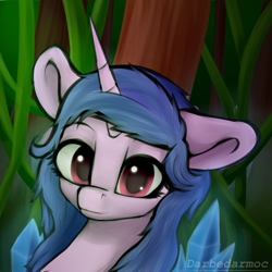 Size: 2048x2048 | Tagged: safe, artist:darbedarmoc, imported from derpibooru, izzy moonbow, pony, unicorn, crystal, forest background, g5, looking at you, my little pony: a new generation, solo