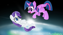 Size: 3840x2160 | Tagged: safe, artist:llamalauncher, imported from derpibooru, rarity, twilight sparkle, alicorn, pony, unicorn, cute, duo, female, mare, space, twilight sparkle (alicorn), zero gravity