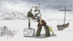 Size: 1920x1080 | Tagged: safe, artist:ciborgen, imported from derpibooru, oc, oc only, earth pony, pony, bipedal, bipedal leaning, boat, earth pony oc, female, hammer, hoof hold, leaning, ponified, ship, snow, solo, the witcher, viking