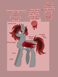 Size: 3456x4608 | Tagged: safe, artist:dreamy990, imported from derpibooru, oc, oc:blood moon, bat pony, pony, male, reference sheet, scar, solo, stallion