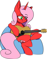 Size: 690x866 | Tagged: safe, artist:notetaker, imported from derpibooru, oc, oc only, oc:cherryheart, pony, unicorn, acoustic guitar, beanbag chair, female, guitar, mare, musical instrument, simple background, solo, transparent background