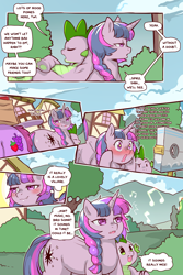 Size: 960x1440 | Tagged: safe, artist:cold-blooded-twilight, imported from derpibooru, berry punch, berryshine, spike, twilight sparkle, dragon, earth pony, pony, unicorn, cold blooded twilight, comic:cold storm, blushing, braid, comic, dialogue, speech bubble, stocks, unicorn twilight