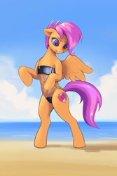 Size: 1200x1800 | Tagged: safe, artist:escapist, imported from derpibooru, scootaloo, pegasus, bipedal, clothes, female, gris swimsuit, one-piece swimsuit, see-through, standing on two hooves, swimsuit, the cmc's cutie marks
