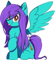 Size: 1028x1102 | Tagged: safe, artist:notetaker, imported from derpibooru, oc, oc only, oc:swing time, pegasus, pony, :p, female, mare, raised hoof, simple background, sitting, solo, tongue out, transparent background, wings