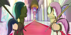 Size: 6000x3000 | Tagged: safe, artist:flaremoon, imported from derpibooru, princess celestia, princess luna, oc, oc:mercury haze, pony, unicorn, armor, butt, canterlot, canterlot castle, female, guard, guardsmare, mare, plot, royal guard, throne room