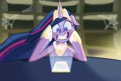 Size: 1920x1280 | Tagged: safe, artist:ciborgen, imported from derpibooru, twilight sparkle, alicorn, pony, the last problem, bookshelf, cellphone, crown, female, future is now, jewelry, older, older twilight, phone, princess twilight 2.0, regalia, smartphone, spider web, twilight snapple, twilight sparkle (alicorn)