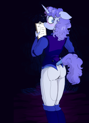 Size: 2490x3448 | Tagged: safe, artist:paskanaakka, derpibooru exclusive, imported from derpibooru, oc, oc only, oc:midnight dew, anthro, unicorn, alternate timeline, ass, blushing, butt, clipboard, clothes, female, floppy ears, lidded eyes, mare, nightmare takeover timeline, solo, uniform