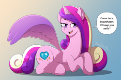 Size: 5956x3965 | Tagged: safe, artist:aarondrawsarts, imported from derpibooru, princess cadance, alicorn, pony, bedroom eyes, bronybait, commission, commissioner:reversalmushroom, dialogue, ear fluff, female, looking at you, lying down, mare, spread wings, talking to viewer, wings