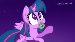Size: 3840x2160 | Tagged: safe, artist:llamalauncher, imported from derpibooru, twilight sparkle, alicorn, pony, donut, female, flying, food, mouth hold, solo, starry eyes, stars, twilight sparkle (alicorn), wingding eyes