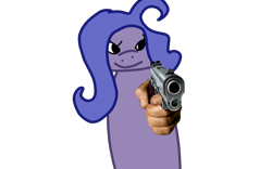 Size: 4000x2500 | Tagged: artist needed, safe, imported from derpibooru, oc, oc:shit, earth pony, pony, 1000 hours in ms paint, 1000 years in photoshop, delet this, earth pony oc, female oc, gun, handgun, looking at you, pointing at you, simple background, smiling, smiling at you, solo, transparent background, vulgar description, vulgar oc name, wat, weapon