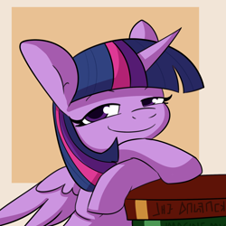 Size: 1728x1728 | Tagged: safe, artist:tjpones, imported from derpibooru, twilight sparkle, alicorn, pony, book, bookhorse, crossed hooves, female, lidded eyes, looking at you, mare, smiling, smiling at you, smug, smuglight sparkle, solo, twilight sparkle (alicorn)