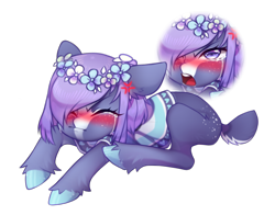 Size: 1756x1375 | Tagged: safe, artist:miioko, imported from derpibooru, oc, oc only, earth pony, pony, bust, crying, earth pony oc, embarrassed, floral head wreath, flower, hair over one eye, puffy cheeks, simple background, transparent background, unshorn fetlocks