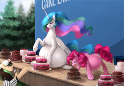 Size: 2732x1889 | Tagged: safe, artist:nsfwbonbon, imported from derpibooru, pinkie pie, princess celestia, oc, oc:verdant ardea, alicorn, earth pony, pony, belly, big belly, cake, cakelestia, eating contest, ethereal mane, ethereal tail, female, flowing mane, food, huge belly, hungry, hyper, hyper belly, hyper pregnancy, impossibly large belly, mare, preggy pie, preglestia, pregnant, referee, tail, this will end in colic, this will end in weight gain, tongue out