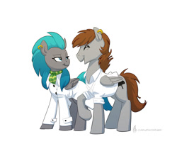 Size: 1024x900 | Tagged: safe, artist:carnifex, imported from derpibooru, oc, oc only, oc:blackburn, oc:lockwood, pegasus, pony, commission, crisis equestria, ear piercing, earring, eyes closed, female, jewelry, looking at each other, looking at someone, male, mare, open mouth, open smile, piercing, simple background, smiling, stallion, white background
