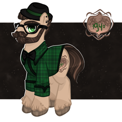 Size: 2449x2449 | Tagged: safe, artist:ponsel, imported from derpibooru, oc, oc only, earth pony, pony, abstract background, beard, clothes, ear piercing, earth pony oc, facial hair, fedora, glasses, hat, hipster, male, piercing, solo, stallion, unshorn fetlocks