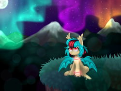 Size: 1600x1200 | Tagged: safe, artist:kaikururu, imported from derpibooru, oc, oc only, oc:cherry bomb, bat pony, pony, aurora borealis, bat pony oc, female, glowstick, looking up, mare, night, outdoors, red eyes, sad, slit pupils, solo, spread wings, stars, wings