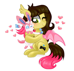 Size: 1087x1045 | Tagged: safe, artist:kaikururu, imported from derpibooru, oc, bat pony, pony, sylveon, bat pony oc, bat wings, blushing, duo, female, heart, hug, mare, one eye closed, pokémon, simple background, transparent background, wings, wink