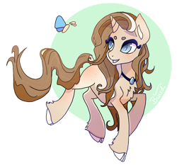 Size: 1024x956 | Tagged: safe, artist:binidi, imported from derpibooru, oc, oc only, butterfly, pony, unicorn, chest fluff, cloven hooves, eyelashes, female, horn, jewelry, looking back, mare, necklace, simple background, smiling, solo, transparent background, unicorn oc
