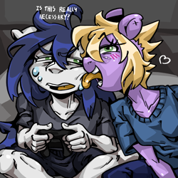 Size: 2000x2000 | Tagged: safe, artist:porcelanowyokular, imported from derpibooru, oc, oc only, anthro, earth pony, clothes, controller, earth pony oc, female, licking, male, smiling, talking, tongue out, unamused