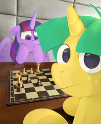 Size: 552x675 | Tagged: safe, artist:kukie, imported from derpibooru, snails, twilight sparkle, alicorn, pony, unicorn, chess, chess piece, chessboard, colt, duo, floppy ears, foal, freckles, hooves on cheeks, hooves on the table, horn, irl, looking at you, looking back, looking back at you, looking down, male, multicolored mane, partially open wings, photo, ponies in real life, ponified animal photo, purple eyes, real life background, reflection, table, thinking, twilight sparkle (alicorn), wings