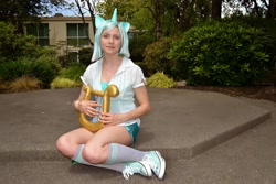 Size: 2448x1632 | Tagged: safe, artist:brawny buck, imported from derpibooru, lyra heartstrings, human, clothes, converse, cosplay, costume, everfree northwest, everfree northwest 2014, irl, irl human, lyre, musical instrument, photo, shoes, sitting, sneakers, solo