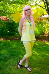 Size: 1644x2484 | Tagged: safe, artist:brawny buck, imported from derpibooru, fluttershy, human, clothes, cosplay, costume, everfree northwest, everfree northwest 2015, irl, irl human, leggings, photo, sandals, solo, tights