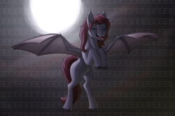 Size: 6000x4000 | Tagged: safe, alternate version, artist:stardustspix, imported from derpibooru, oc, oc only, oc:sweetnight, bat pony, pony, bat pony oc, bipedal, eeee, eyes closed, fangs, flying, moon, night, open mouth, solo, stars, wings