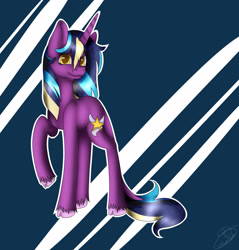 Size: 2395x2503 | Tagged: safe, artist:maneblue, imported from derpibooru, oc, oc only, pony, unicorn, abstract background, cloven hooves, horn, raised hoof, signature, smiling, solo, unicorn oc, unshorn fetlocks