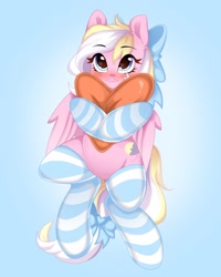 Size: 1586x1983 | Tagged: safe, artist:emberslament, imported from derpibooru, oc, oc:bay breeze, pegasus, blushing, bow, clothes, female, hair bow, heart, heart pillow, pillow, socks, solo, solo female, tail, tail bow