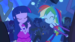 Size: 3410x1920 | Tagged: safe, imported from derpibooru, screencap, rainbow dash, twilight sparkle, equestria girls, equestria girls (movie), ^^, bare shoulders, belt, clothes, cute, cutie mark, cutie mark on clothes, dashabetes, duo focus, eyes closed, fall formal outfits, female, fingerless gloves, gloves, high res, male, sleeveless, smiling, strapless, twilight ball dress