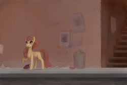 Size: 2048x1365 | Tagged: safe, artist:violettacamak, imported from ponybooru, apple bloom, earth pony, pony, female, filly, foal, solo, train station