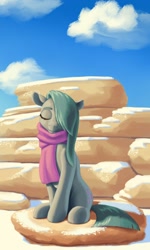 Size: 1200x2000 | Tagged: safe, artist:escapist, marble pie, earth pony, pony, clothes, cute, eyes closed, female, marblebetes, mare, rock, scarf, sitting, snow, solo