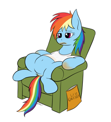 Size: 2179x2391 | Tagged: safe, artist:wapamario63, imported from ponybooru, rainbow dash, pegasus, pony, belly, belly button, cheeto dust, clothes, couch, female, mare, messy mane, neet, on back, shirt, simple background, sitting, solo, sweat, transparent background