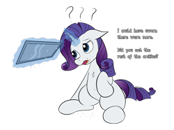 Size: 3300x2460 | Tagged: safe, artist:wapamario63, imported from ponybooru, rarity, pony, unicorn, chest fluff, chubby, crumbs, dialogue, ears, female, floppy ears, levitation, magic, mare, sitting, solo, telekinesis, tray