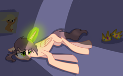 Size: 4000x2500 | Tagged: safe, artist:aonatsu_ki, imported from derpibooru, applejack, oc, oc:oak, alicorn, comic:useless alicorn, alicorn oc, base used, clothes, female, female oc, folded wings, frown, glow, glowing horn, green eyes, horn, lidded eyes, long horn, long legs, lying down, mare, missing accessory, missing freckles, sad eyes, shoes, solo, wat, wings