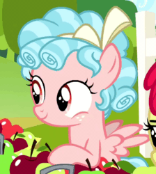Size: 746x832 | Tagged: safe, imported from derpibooru, screencap, apple bloom, cozy glow, earth pony, pegasus, pony, marks for effort, spoiler:s08, animated, apple, bow, confused, cropped, curly mane, female, fence, filly, foal, food, freckles, gif, pointing, solo focus, talking, wings