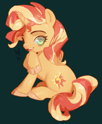 Size: 640x778 | Tagged: safe, artist:eopo, imported from derpibooru, sunset shimmer, pony, unicorn, equestria girls, cute, female, green background, heart, mare, open mouth, raised hoof, shimmerbetes, simple background, solo, unshorn fetlocks