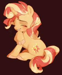 Size: 640x778 | Tagged: safe, artist:eopo, imported from derpibooru, sunset shimmer, pony, unicorn, equestria girls, cute, eyes closed, female, grin, heart, mare, raised hoof, red background, shimmerbetes, simple background, smiling, solo, unshorn fetlocks