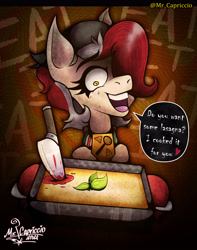 Size: 3000x3800 | Tagged: safe, artist:mrcapriccio, imported from derpibooru, oc, oc:ricotta tossica, earth pony, pony, abstract background, bust, clothes, collar, dialogue, female, food, high res, knife, lasagna, looking at you, mare, neckerchief, pasta, psycho, solo