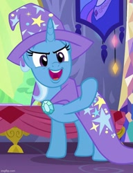 Size: 551x716 | Tagged: safe, imported from derpibooru, screencap, trixie, pony, unicorn, no second prances, season 6, brooch, cape, clothes, cropped, hat, jewelry, solo, trixie's brooch, trixie's cape, trixie's hat