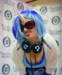 Size: 1070x1295 | Tagged: safe, artist:rosie girl cosplay, imported from derpibooru, dj pon-3, vinyl scratch, human, clothes, cosplay, costume, everfree northwest, everfree northwest 2017, headphones, irl, irl human, photo, solo, tongue out