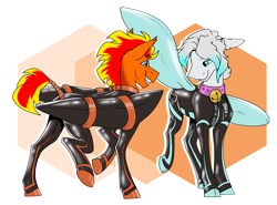 Size: 3598x2666 | Tagged: safe, artist:parrpitched, imported from derpibooru, oc, oc only, oc:cold front, oc:fireheart(fire), bat pony, hybrid, pegasus, pony, bell, bell collar, bound wings, clothes, collar, duo, duo male, fireheart76's latex suit design, gloves, latex, latex gloves, latex suit, male, pegabat, prisoners of the moon, simple background, transparent background, wing gloves, wings