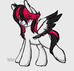 Size: 978x936 | Tagged: safe, artist:igorbanette, imported from derpibooru, oc, oc only, pegasus, pony, colored wings, eye clipping through hair, full body, gray background, hooves, pegasus oc, signature, simple background, solo, spread wings, tail, two toned mane, two toned tail, wings