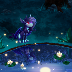 Size: 3000x3000 | Tagged: safe, artist:celes-969, imported from derpibooru, oc, oc only, bat pony, pony, full moon, lilypad, moon, night, reflection, solo, water