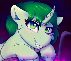 Size: 4050x3500 | Tagged: safe, artist:legionsunite, imported from derpibooru, oc, oc only, pony, unicorn, cauldron, curved horn, evil grin, grin, horn, simple background, smiling, unshorn fetlocks